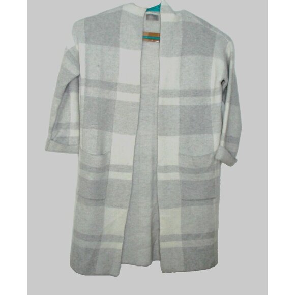 Cyrus Womens Lg Sweater Gray Plaid Open Front Long Cardigan Duster Soft Pockets - Picture 1 of 12